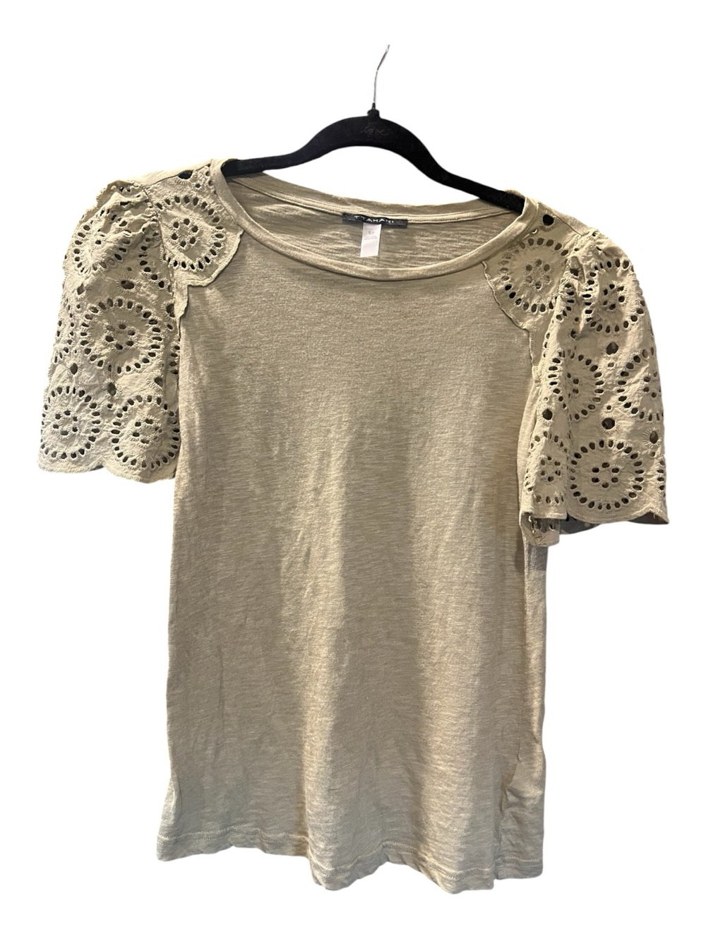 T Tahari Beige Eyelet-Sleeve Cotton Top